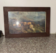 Antique 1905 W. Crane Framed Pasture Print Sheep & Lambs Rolled Glass 14 x 21″