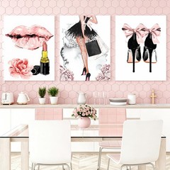 3Pcs Framed Fashion Women Canvas Wall Art, Pink Girly Wood Wall Decor, Femini…