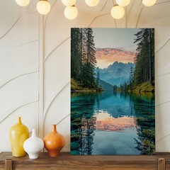 Mountain Landscape Reflected In Clear Lake With Tall Pine Trees Canvas Wall Art