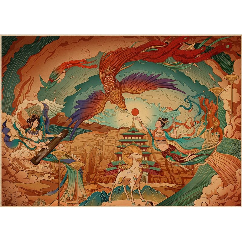 Dunhuang Fly Apsara Mural Vintage Style Poster Studio Café Restaurant Wall Art
