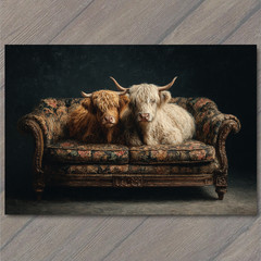 Art Print Highland Cows On Old Sofa Funny Farm Animal Rustic Humor Country West