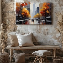 Rainy Autumn Cityscape Canvas Vibrant Urban Street Scene Art Wall Art