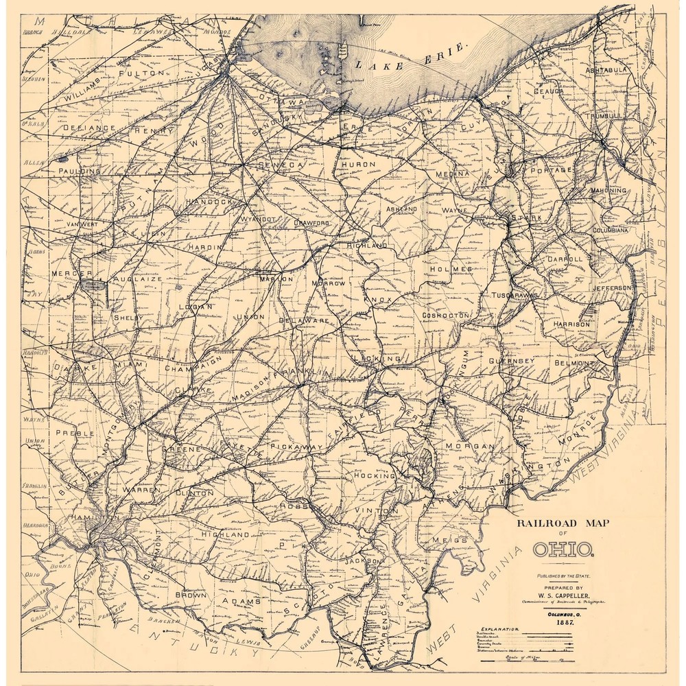 Historic State Map – Ohio – Cappeller 1887 – Vintage Wall Art