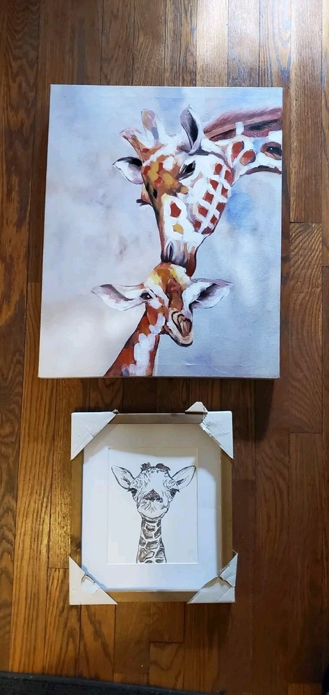 Set Of 2 Giraffe Pictures, 16×20 Canvas & 10.5×12 Framed Home Decor
