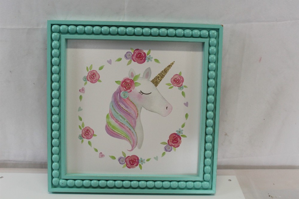 Hobby Lobby Unicorn Wall Art Bright Colors Pinks Floral Green Distressed Frame