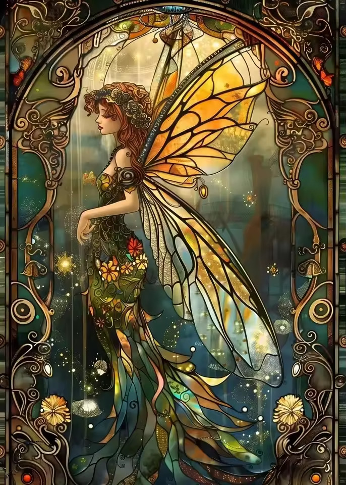 Stained Glass Style Mythical Fantasy Fairy with Wings – Canvas Print 31.5″ by 22