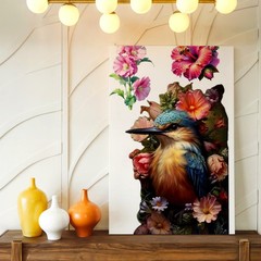 Wall Art Kingfisher Bird Floral Poster Colorful Flower Botanical Print Decor