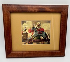 Vintage Christmas🎄SANTA MAKING TOYS FRAMED ART Rocking Horse GUC Cute Holiday