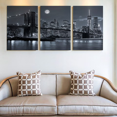 3 Pieces Black and White Cityscape Bridge Moonlit Large Wall Art Set Of 3