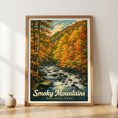 Vintage Smoky Mountains National Park Poster Retro Autumn River Forest Wall Art