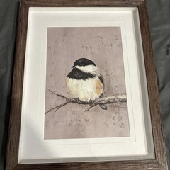 Framed Chickadee Bird Art Print – Rustic Nature Wall Decor Frame 14″x11″