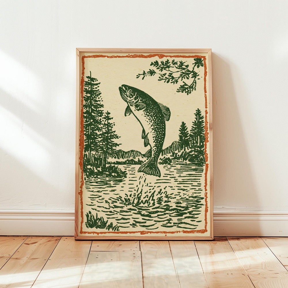 Vintage Trout Linocut Poster Rustic Lake House Fish Wall Art