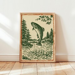Vintage Trout Linocut Poster Rustic Lake House Fish Wall Art