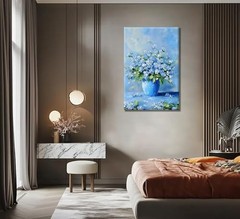 Blue Floral Wall Art Texture Style Oil Floral Painting 10″L x 8″W Canvas