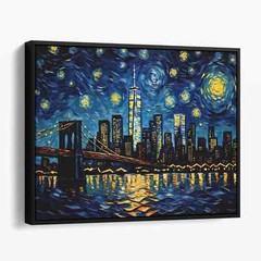 New York City Skyline as Van Gogh Starry Night Retro Canvas Print Wall Art