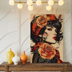Bohemian Floral Portrait Canvaswoman In Profile With Rose And Patterned Scarf