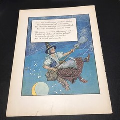 Vtg Old women Broom Good Witch 1910s Mother Goose Print Wall Art 9×12″