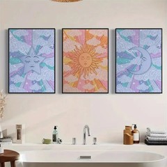 3pcs Sun, ,Moon And Stars Retro Art Wall Art Poster Prints, Boho Wall Decor