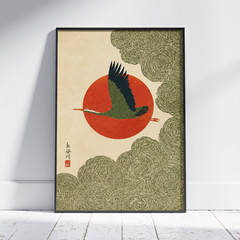 Japanese Crane Poster, Red Sun, Green Ukiyo-e Zen Wall Art Decor Print Gift Room
