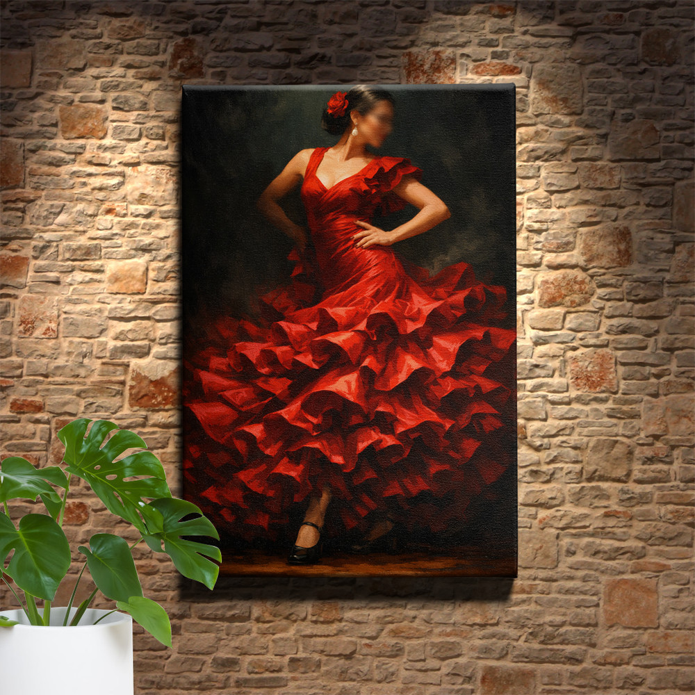 Flamenco Dancer Wall Art Crimson Ruffled Dress High Contrast Portrait
