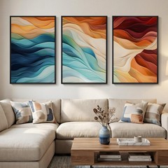 Large Framed Blue Orange Abstract Wall Art for Living Room, Set of 3 Modern C…