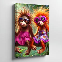 Cute Monkeys In Sunglasses Wearing Dresses Canvas Art For Kids Room Decor Print