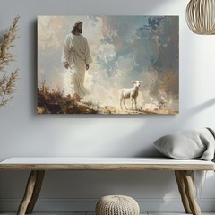 Good Shepherd Mist Canvas Jesus Walking With Lamb In Ethereal Landscape Wall Art