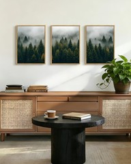 Green Fog Pine Tree Framed Wall Art Nature Misty Nordic Forests Morden Paints…