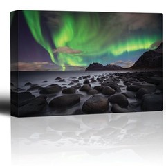 Green Northern Lights Over an Ocean Filled with Rocks – Canvas Art- 32×48 inches