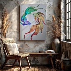 Wall Art Colorful Betta Fish Illustration Print Glitter Fantasy Aquatic Decor