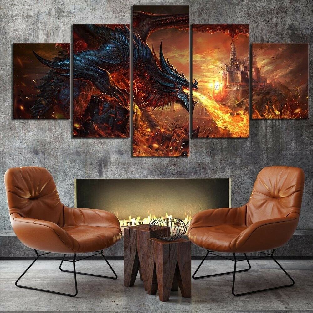 Abstract Fantasy Black Fire Dragon Castle 5 Piece Panel Canvas Wall Art Decor