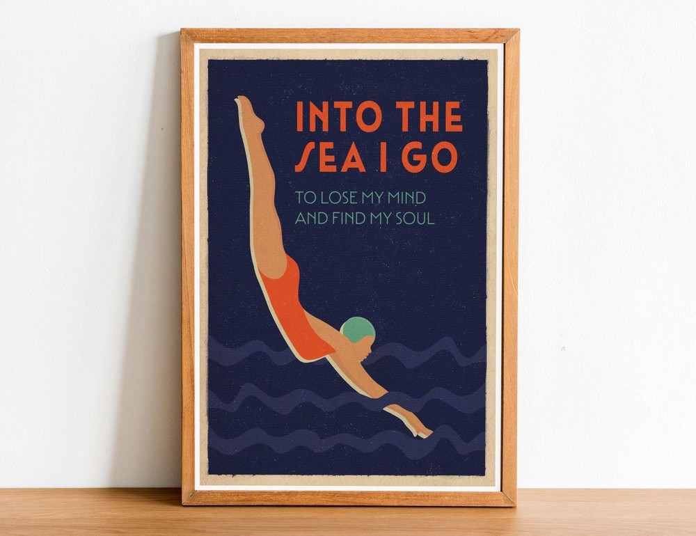 Swimmer Poster Featuring Retro Art Deco Style Sea Swimming Scene Elegant Motion