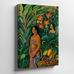 Tropical Canvas Wall Art With Two Women Exotic Flowers And Fruit Decor Print