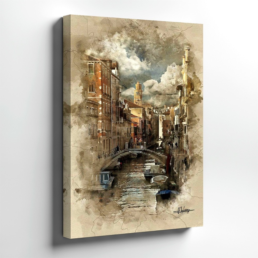 Wall Art Venice Canal Cityscape Watercolor Print Bridge Boats Architecture Decor