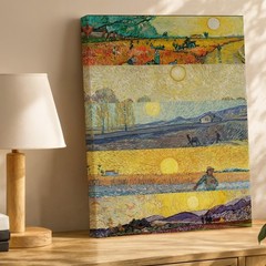 Set Of 5 Vintage Canvas Wall Art Farm Landscape Scenes With Sun And Figures