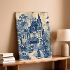 Wall Art Gothic Victorian Mansion Print Blue Toile Style House Landscape Decor