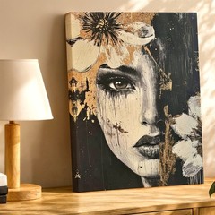 Wall Art Abstract Woman Face Canvas Print Black White Gold Floral Portrait Home