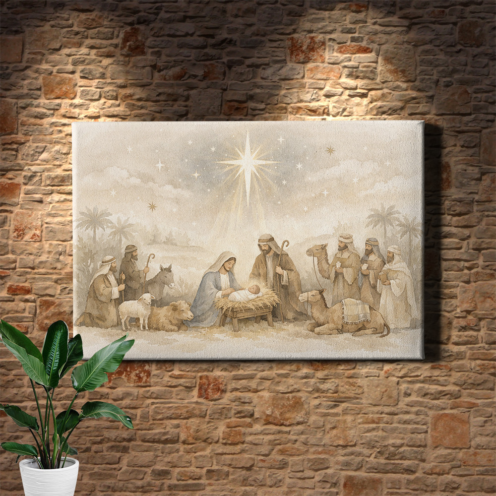 Vintage Nativity Scene Framed Canvas Religious Decor