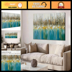 Teal Abstract Cityscape Canvas Art – Modern Skyline Gold Texture 48″x24″ Wall De