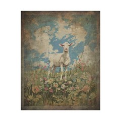 Vintage SHEEP FLOWER Wall Art, Cute Farm Animal Botanical Decor, Ram Ewe Poster
