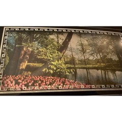 Vtg 40s Landscape Picture Art Print Tulips Lake Trees Black Frame Greek Border