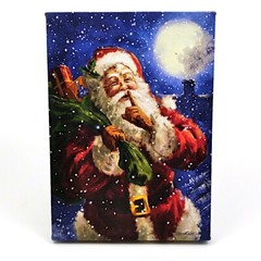 LED Lit Tabletop Picture Art of Santa Claus Winter Scene Kris Kringle with Pack