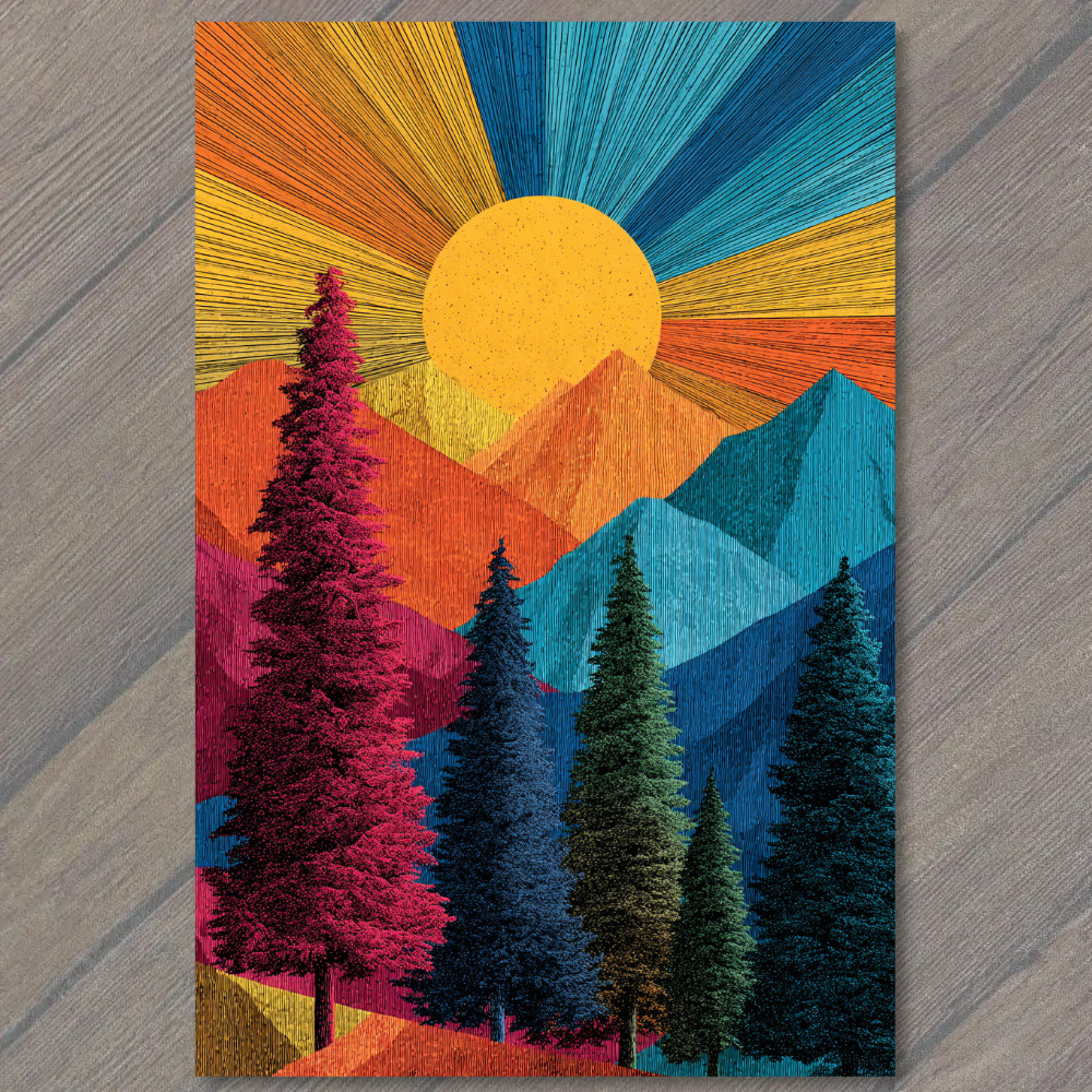Art Print Sunset Mountains Colorful Pines Vintage Pop Landscape Art Style