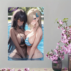 anime girls black and white bikini pool 15.75×23.62in poster