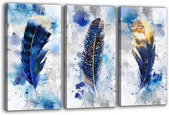 Modern Blue Feather Canvas Art Set – 3 Piece Wall Decor for Home & Office
