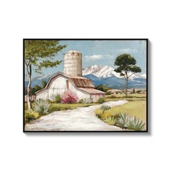 Framed Rustic Farmhouse Canvas Wall Art Beautiful Field Painting Wildflower Barn