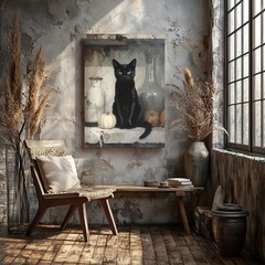 Wall Art Mystical Black Cat Still Life Canvas Witchcraft-Inspired Gray Toned Art