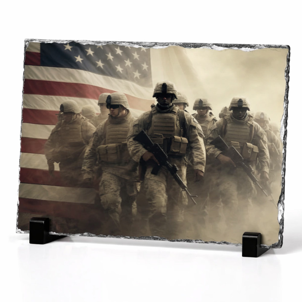 American Soldiers In Action Flag Photo Slate Rock Gift 7.9” X 5.9” Slate Custom