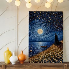 Starry Night Full Moon Ocean Canvas Wall Art With Silhouette And Flowers Home