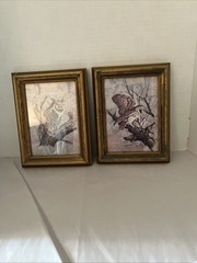 VTG Owl Framed Wall Art Set Of 2 Gold Wood Distressed Frames Rustic Nature Birds